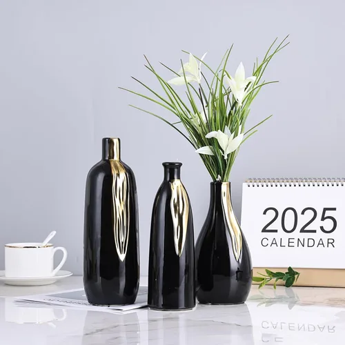 Vista 8 de Juego de 3 jarrones negros y dorados, jarrones decorativos modernos de cerámica para sala de estar, recámara, decoración artística, chimenea