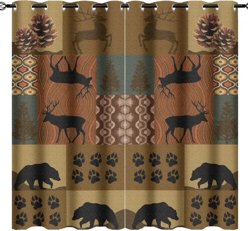 Vista 52 de Cortinas de oscurecimiento estilo campestre con osos, alces y ciervos, cortinas opacas para ventanas con ojales, tratamiento de ventanas eficiente
