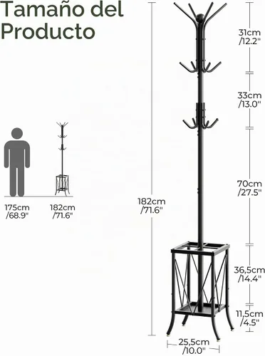 Vista 5 de CHOEZON Perchero independiente, perchero con soporte para paraguas, soporte de entrada con 12 ganchos, árbol de pasillo de metal para bolsos