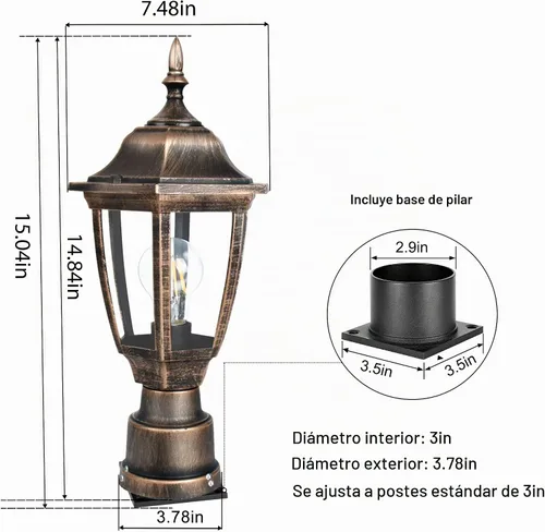 Vista 2 de FUDESY Luces de poste para exteriores, lámpara exterior eléctrica con base de montaje en muelle, bombilla LED incluida, materiales plásticos Bronce