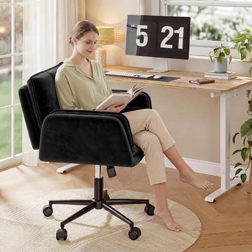 Vista 8 de Silla cruzada con ruedas, silla de oficina ergonómica con reposabrazos abatibles para mascotas, silla de tocador para dormitorio, sala de maquillaje