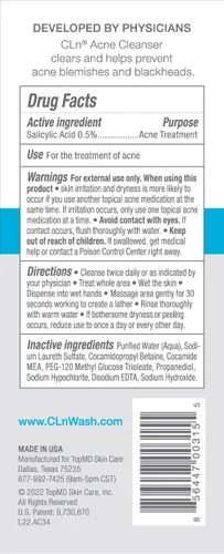 Vista 2 de CLn Limpiador facial para acné con 0.5% de ácido salicílico para eliminar puntos negros y brotes, sin aceite y sin fragancia, 3.4 onzas líquidas