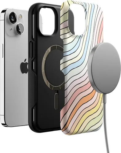 Vista 4 de Casely Funda para iPhone 14 Ride The Wave Líneas de arcoíris pastel Compatible con MagSafe Diseño protector audaz