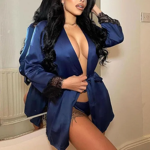 Vista 2 de Zzalalana Ropa de dormir sexy para mujer bata de manga larga con encaje en la espalda camisón transparente con cinturón