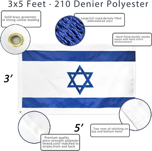 Vista 2 de Bandera de Israel de la serie Anley EverStrong de 3x5 pies de alta resistencia - rayas bordadas y cosidas - 4 filas de costuras en el borde