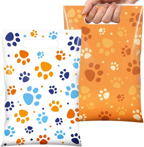 Vista 16 de Pasimy 100 bolsas de regalo de pata de perro a granel, diseño de pata de mascota, bolsas de plástico con asa para decoración de fiesta de cumpleaños