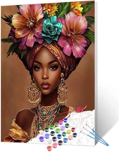 Vista 35 de Pintura de niña afro a la moda, kits de pintura por números, 16 x 20 pulgadas, lienzo de hojas tropicales, pintura al óleo para niños y adultos