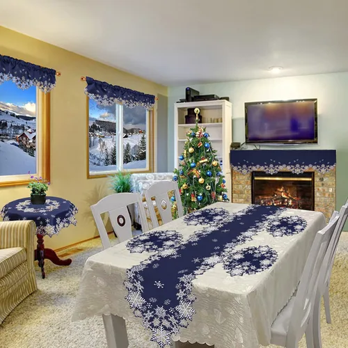 Vista 6 de Caminos de mesa bordados con copos de nieve para Navidad e invierno (azul marino, 14 x 69 pulgadas)