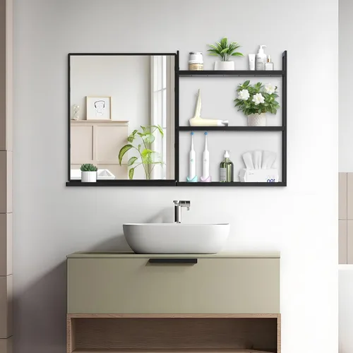 Vista 11 de Espejo de baño con estante, espejo de pared rectangular negro, marco de metal, colgante horizontal o vertical (24 x 20 pulgadas)
