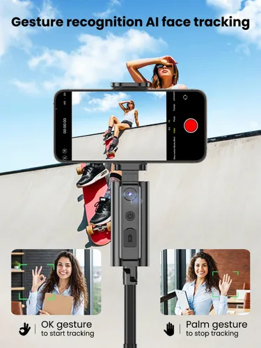 Vista 3 de AOCHUAN Trípode de seguimiento automático de rostros, con control de gestos para iPhone, poste extensible, palo selfie giratorio de 360°, control