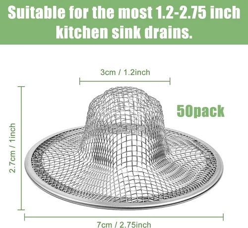 Vista 2 de 50 coladores de malla para fregadero, 2.75 pulgadas superior/1 pulgada de acero inoxidable, trampa de filtro de cesta inclinada, colador de drenaje