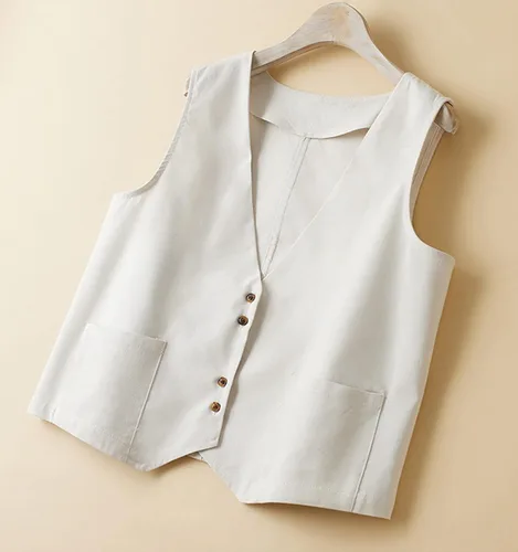 Vista 7 de Chaleco de lino de algodón para mujer, casual, sin mangas, con cuello en V, chaqueta con bolsillos
