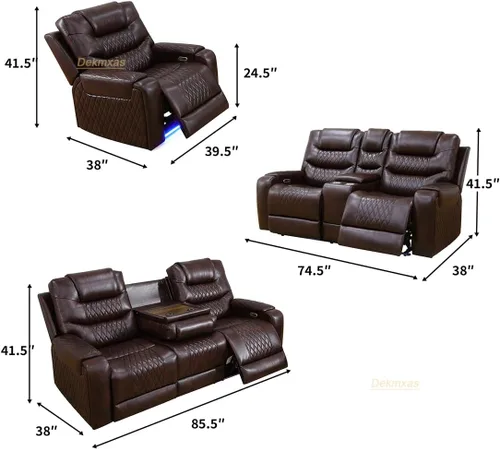 Vista 10 de Juego de sofá reclinable eléctrico, seccional de cuero transpirable beige, juego de muebles de sala de estar, 2 piezas, sofá reclinable eléctrico