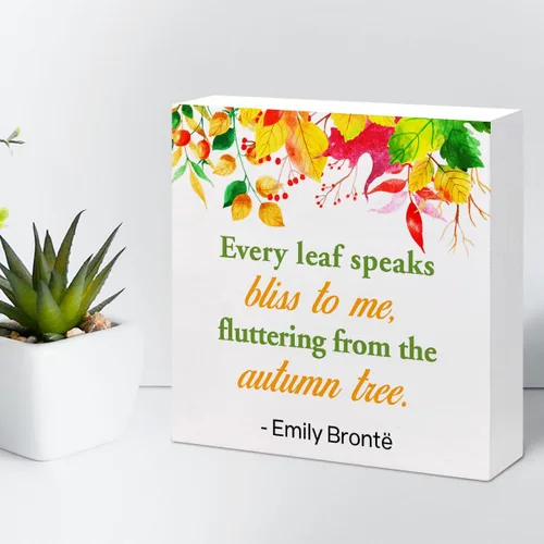 Vista 5 de Decoración de mesa de otoño, con texto en inglés «Every Leaf Speaks Bliss to Me Fall», letrero rústico de madera de otoño, decoración de escritorio