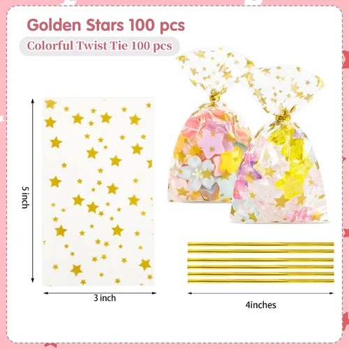 Vista 2 de 100 bolsas de celofán, bolsas de celofán transparente impresas con estrellas doradas de 3 x 5 pulgadas, 100 lazos giratorios, para envolver regalos