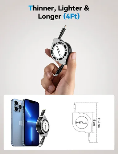 Vista 5 de Minlu Paquete de 2 cables USB tipo C a Lightning de 4 pies, cargador retráctil para iPhone de carga rápida para automóvil retráctil, cable USBC