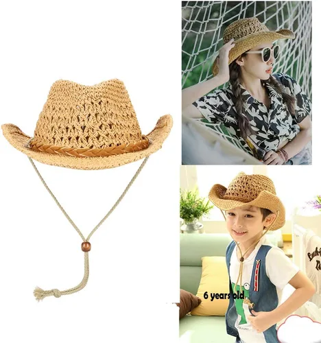 Vista 2 de Sombrero de vaquero de paja sombrero de sol vaquera de verano Panamá con correa para la barbilla hombres mujeres sombrero viaje al aire libre