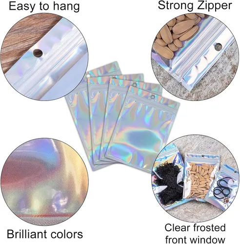 Vista 6 de Paquete de 400 bolsas holográficas de Mylar resellables de 4 tamaños con ventana para almacenamiento de alimentos, galletas, dulces, joyas y oficina