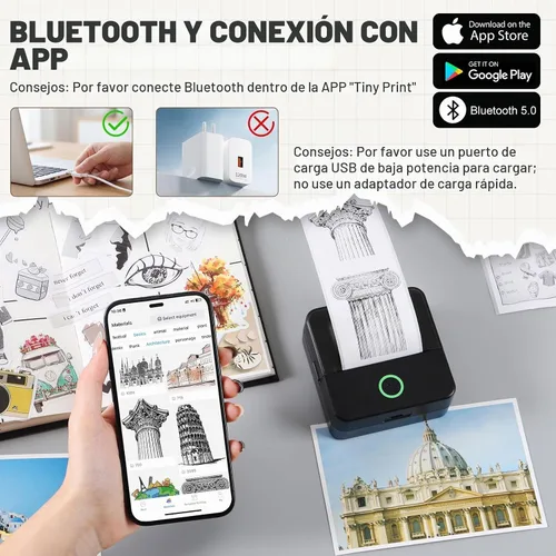 Vista 2 de cudinham Mini impresora Print Pods, fabricador de pegatinas térmico sin tinta con 10 rollos de papel de impresión, Printpod de bolsillo para Negro