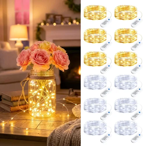 Vista 18 de Minetom Paquete de 12 luces de hadas que funcionan con pilas, 8 modos, 7 pies, 20 LED, 6 colores, impermeables, alambre plateado, luces
