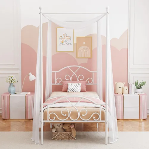 Vista 3 de Weehom - Estructura de cama con dosel individual, con cabecero y pie de cama, cortinas de cuatro postes de metal, diseño de plataforma de cama