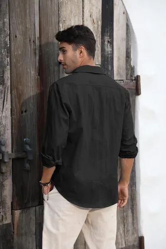 Vista 4 de Runcati Mens Button Down Shirt Linen Cotton Shirts Casual Long Sleeve Tops 01 Negro