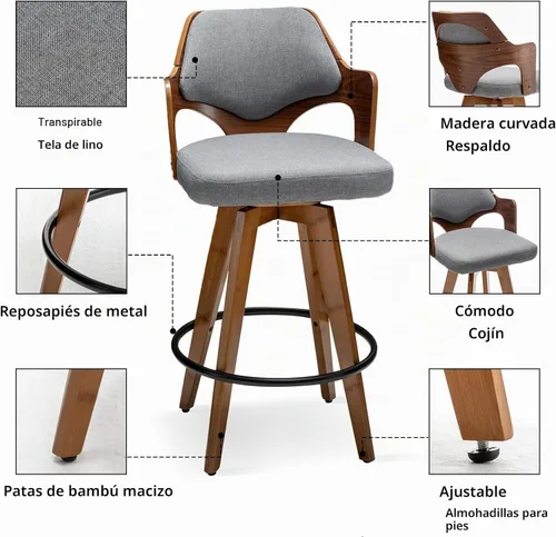 Vista 3 de MEKLIBA Juego de 2 taburetes de bar giratorios, taburetes de bar de altura de mostrador, silla de bar tapizada con patas de bambú, taburetes de Tela