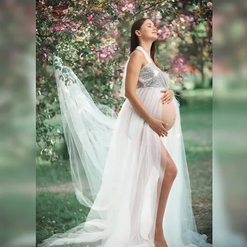 Vista 2 de Vestido de maternidad para fotografía, lentejuelas con purpurina, hombros descubiertos, tul con abertura frontal, vestidos de embarazo para sesión