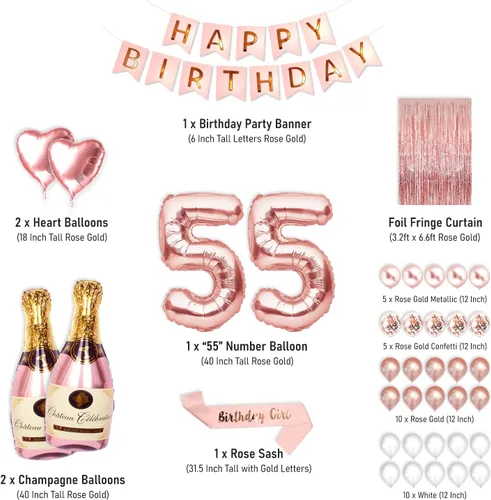 Vista 3 de Decoraciones de fiesta de cumpleaños número 55 para ella, suministros de oro rosa, juego grande con pancarta de cumpleaños y globos de 55 dígitos
