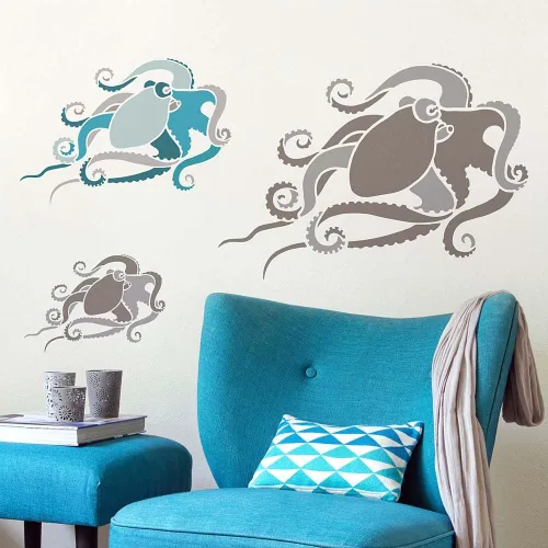 Vista 5 de Plantilla de arte de pared de pulpo, plantillas de pintura de pared para un fácil cambio de imagen de la habitación, plantilla grande para pintar