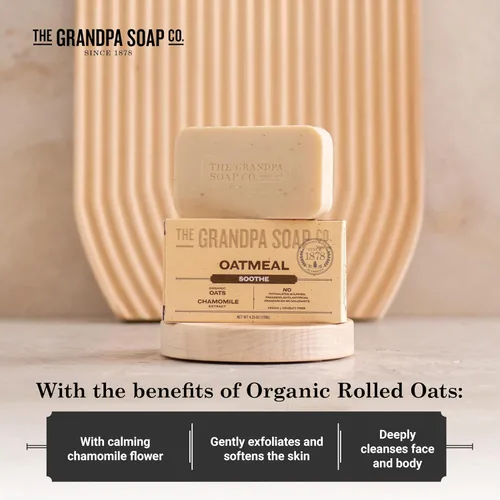 Vista 4 de The Grandpa Soap Company Jabón en barra de avena, con avena orgánica + extracto de manzanilla, exfolia y suaviza suavemente la piel, vegano, 4.25