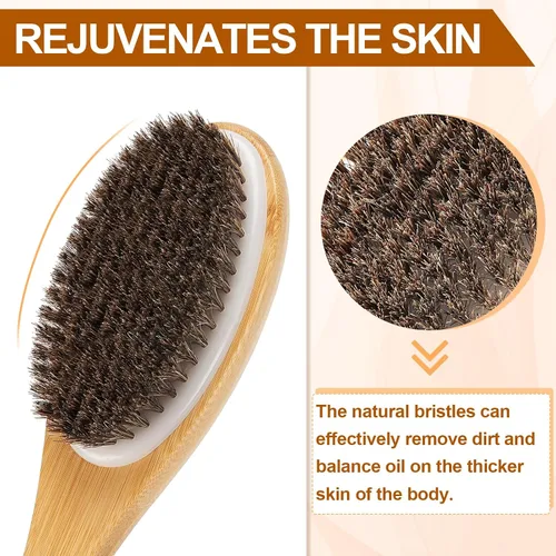 Vista 3 de eaxun Cepillo de ducha de bambú con mango largo curvado, exfoliante de espalda de 16.7 pulgadas con cerdas naturales para hombres y mujeres