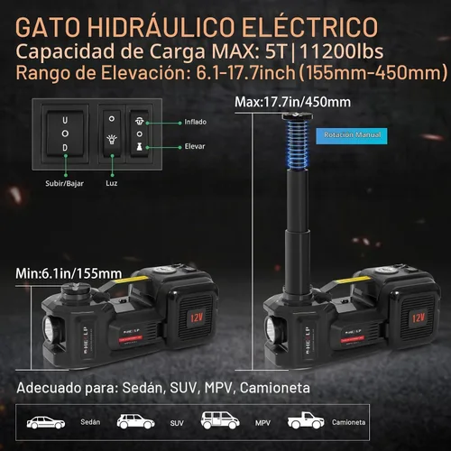 Vista 5 de E-HEELP Kit de gato eléctrico para coche hidráulico de 5 toneladas y 12 V Jack negro+llave inglesa