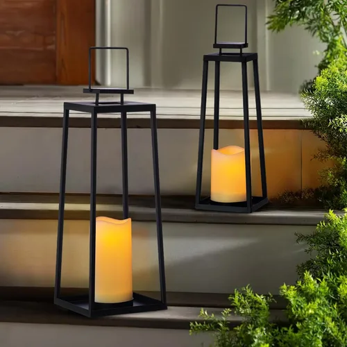 Vista 2 de Juego de 2 faroles solares decorativos para exteriores (18 y 15 pulgadas) modernos faroles de metal negro con velas solares, faroles decorativos