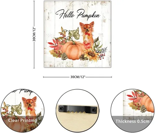 Vista 2 de Hello Pumpkin Boston Terrier Dog Wood Signs Pumpkin Farm Wall Plaque Gives Thanks Porch Sign Rustic Home Family Wall Decoration for Home Front Door