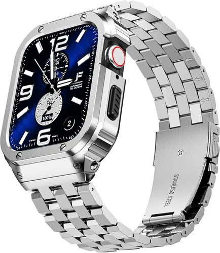 Vista 10 de SUPLINK Estuche de acero inoxidable y correa compatible con Apple Watch de 41 mm, 40 mm, 38 mm, protector de goma resistente para iWatch Apple Watch
