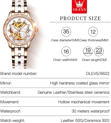 Vista 8 de OLEVS Relojes de oro rosa para mujer correa de acero inoxidable de cerámica reloj mecánico automático calendario de puntero luminoso impermeable