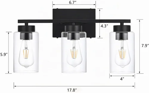 Vista 2 de Lámpara de tocador de baño de 3 luces, modernas luces de pared negras con pantallas de vidrio transparente, lámpara de pared de baño para espejo 3