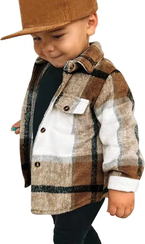 Vista 5 de HIUARA Chaqueta de franela para niños pequeños, a cuadros, de manga larga, con solapa, con botones, para bebés, niños y niñas, para otoño