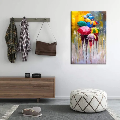 Vista 5 de KLVOS Lienzo grande para pared, 24 x 36 pulgadas, paraguas colorido, trabajador de oficina, caminando bajo la lluvia, lienzo pintura al óleo, obras