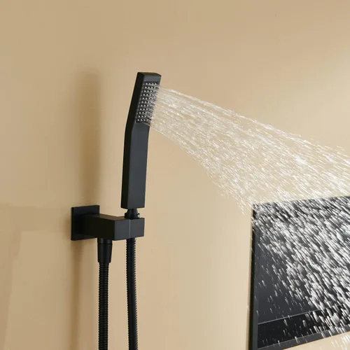 Vista 5 de Sistema de ducha de 10 pulgadas, juego combinado de ducha de lluvia, grifo de montaje en pared negro, grifos de baño con cabezal de ducha de lluvia