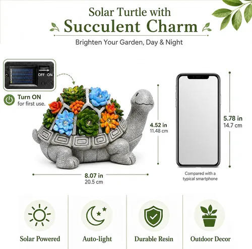 Vista 7 de Nacome Estatuas solares de jardín al aire libre tortuga con suculentas y 7 luces LED – Decoración de césped Estatua de tortuga para patio, balcón