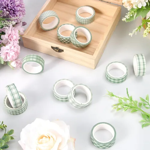 Vista 5 de Whaline 12 Rolls Sage Green Plaid Washi Tape Masking Tape Set Pastel Green Gingham Decorative Wrapping Paper Tapes Boxed for Wedding Scrapbook