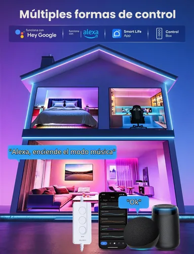 Vista 6 de Tira de luz LED RGB+IC, luz LED inteligente de 32.8 pies para dormitorio, control de aplicación Bluetooth, tira de iluminación LED que cambia