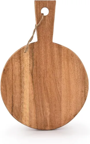 Vista 2 de Samhita Tabla de cortar redonda de madera de acacia con mango para cortar y servir embutidos, queso, pizza, pan, decoración de pared