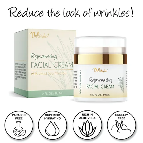 Vista 6 de Deluvia Crema facial rejuvenecedora Aloe Vera orgánico, aceite de coco, vitamina C + E Minerales del Mar Muerto Loción facial diaria para piel