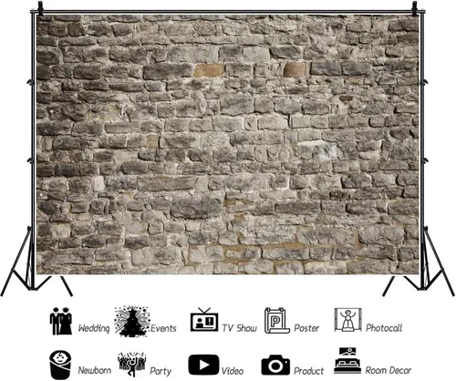Vista 3 de Laeacco Telón de fondo de pared de ladrillo de poliéster de 5 x 3 pies, diseño vintage de ladrillo de piedra gris, ladrillo rústico, recién nacido