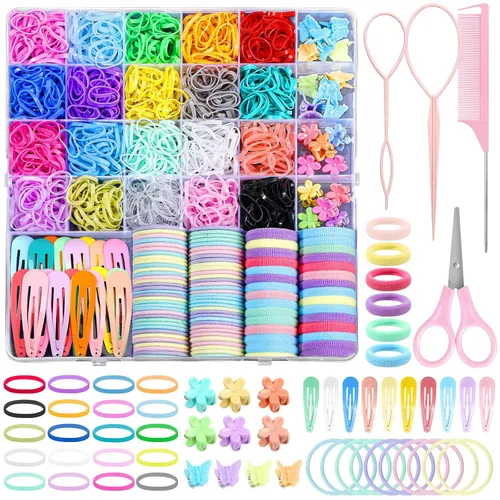 Vista 8 de Auroray Bandas de goma para el cabello pequeñas de 32 colores con 16 herramientas de peinado, 2000 piezas de ligas elásticas para el cabello de niña