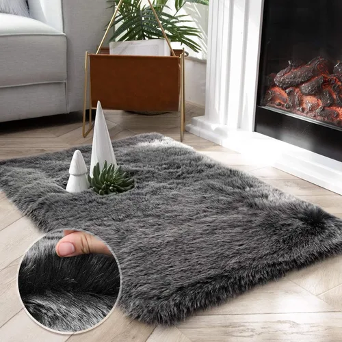Vista 10 de Ashler HOME DECO Funda de piel sintética de zorro suave para silla, alfombra para dormitorio, suelo, sofá, sala de estar, color negro y blanco, 2 x