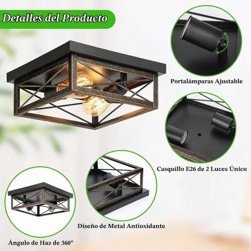 Vista 3 de Lámpara de techo de bronce cepillado para pasillo, lámpara de techo industrial de granja de montaje empotrado de 2 luces, lámpara de cocina de metal